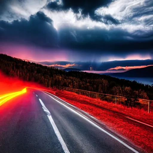 Image similar to nightmarish creatures rushing towards car, black pontiac firebird trans - am driving towards the camera, norway mountains, red glow in sky, valley, large lake, dynamic, cinematic, motionblur, volumetric lighting, wide shot, low angle, large lightning storm, thunder storm