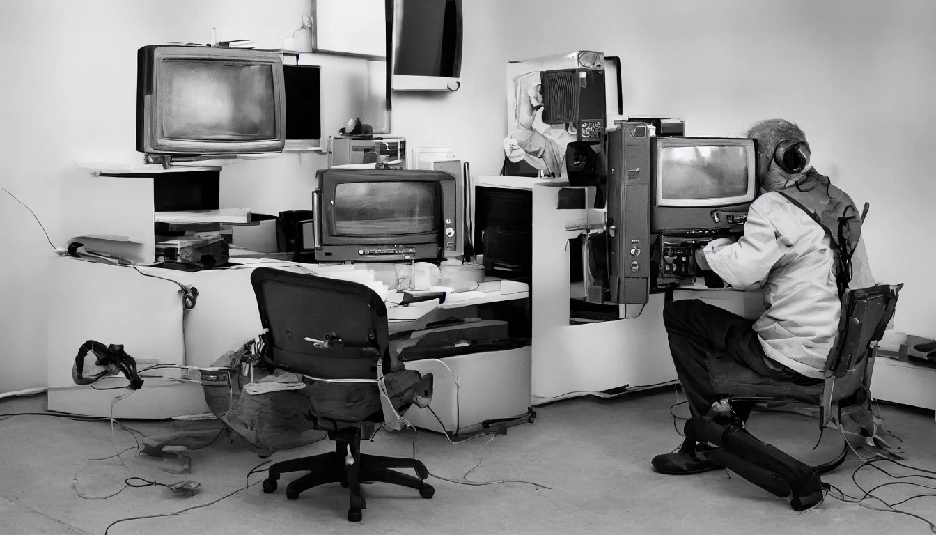 Image similar to In an call centre office, A skinny old Man with a old television strapped to his back ,flexible industrial pipes join his ears and mouth to the television, fibres trial on the floor ,Kodak portra 400