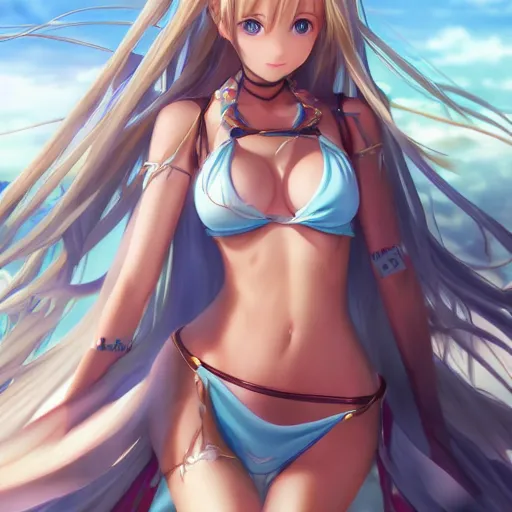 Image similar to a very beautiful mature yuuki asuna, full body, long wavy blond hair, sky blue eyes, full round face, bikini, miniskirt, front view, mid - shot, highly detailed, cinematic wallpaper by stanley artgerm lau