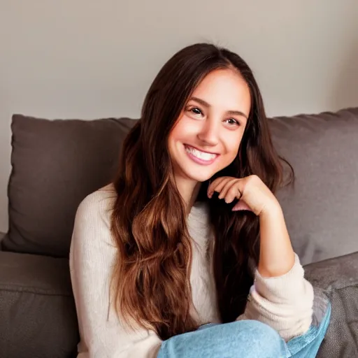 Image similar to a cute young woman smiling, long shiny bronze brown hair, full round face, green eyes, medium skin tone, light cute freckles, smiling softly, wearing casual clothing, relaxing on a modern couch, interior lighting, cozy living room background, medium shot, mid-shot, soft focus