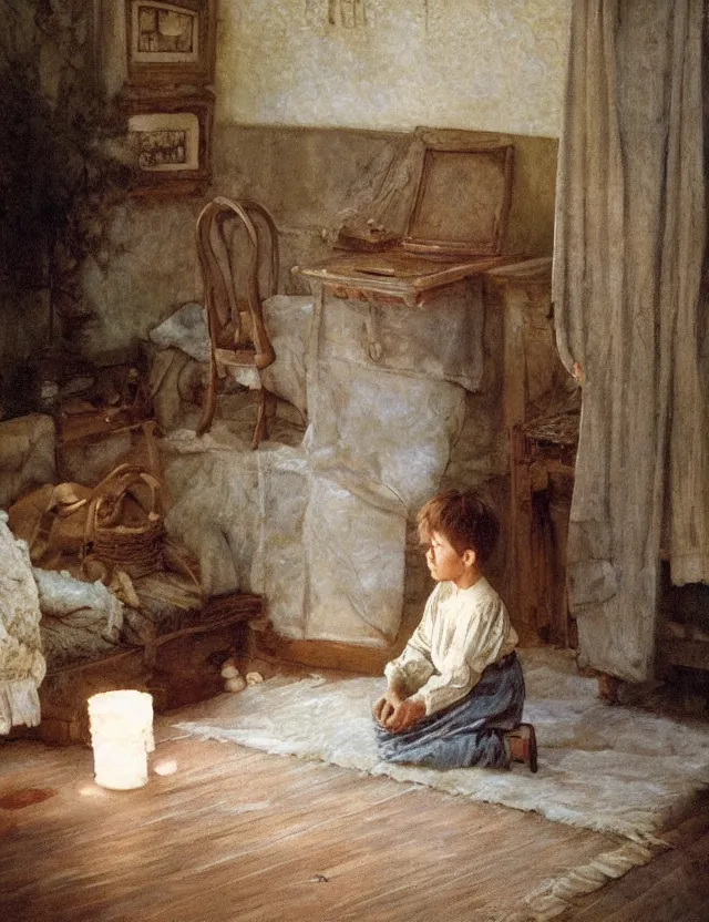 Image similar to peasant boy praying in country house, cottage core, cinematic focus, polaroid photo bleached vintage pastel colors high - key lighting, soft lights, foggy, by steve hanks, by lisa yuskavage, by serov valentin, by tarkovsky, detailed, oil on canvas