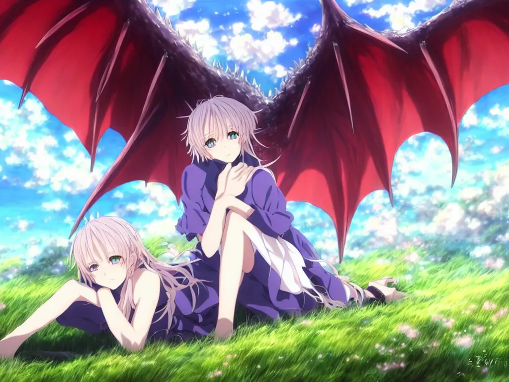 Prompt: anime art full body portrait character concept art, be surrounded snuggle by a huge red dragon, in the white clouds fairyland center, anime key visual of violet evergarden, finely detailed perfect face delicate features directed gaze, laying down in the grass at sunset in a valley, trending on pixiv fanbox, red evergarden, studio ghibli, extremely high quality artwork