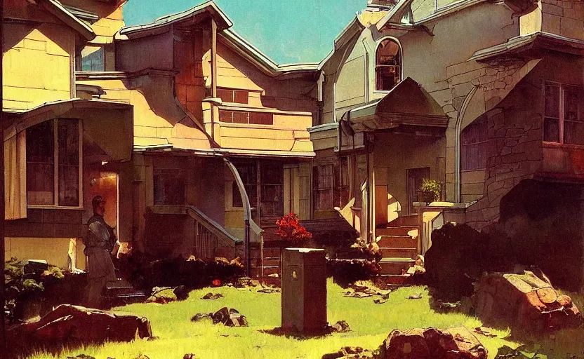 Prompt: a scene of a suburban house surrounded by ancient monoliths. highly detailed science fiction painting by norman rockwell, frank frazetta, and syd mead. rich colors, high contrast, gloomy atmosphere, dark background. trending on artstation