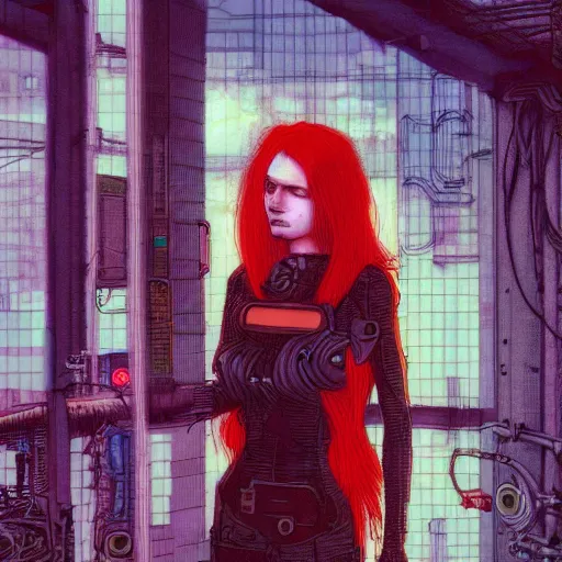 Image similar to redhead female cyberpunk, wires cables skulls, machines, in the style of john william waterhouse, and michael w kaluta, 4 k photo autochrome