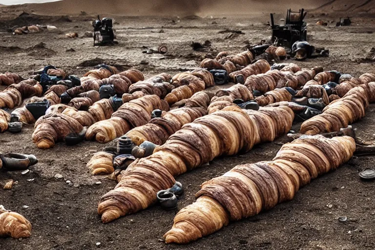 Prompt: croissant graveyard, in a dark and gritty version from the makers of mad max fury road