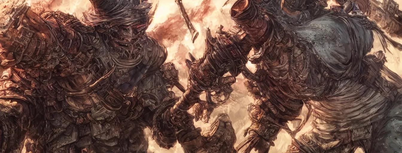 Image similar to a close up of a berserker calvary commander refusing to die. hyperrealistic anime background illustration by kim jung gi, colorful, extremely detailed intricate linework, smooth, super sharp focus, bright colors, high contrast, matte, octopath traveler, unreal engine 5 highly rendered, global illumination, radiant light