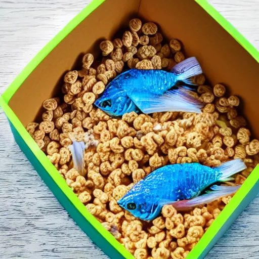 Prompt: fresh fishy fish cereal box
