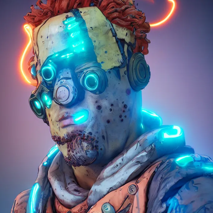 Image similar to glowwave portrait of curly orange hair man from borderlands 3, au naturel, hyper detailed, digital art, trending in artstation, cinematic lighting, studio quality, smooth render, unreal engine 5 rendered, octane rendered, art style by klimt and nixeu and ian sprigger and wlop and krenz cushart.