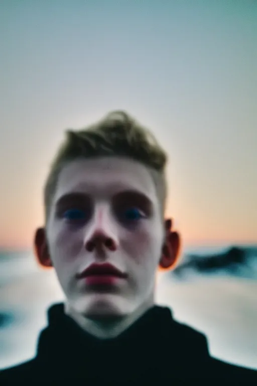 Image similar to high quality pastel coloured film mid angle selfie photograph of a beautiful young 2 0 year old male, soft features, standing in an icelandic black rock environment. atmospheric. three point light. photographic. art directed. ( pastel colours ). volumetric light. stark. waves glitch. 8 k. filmic.