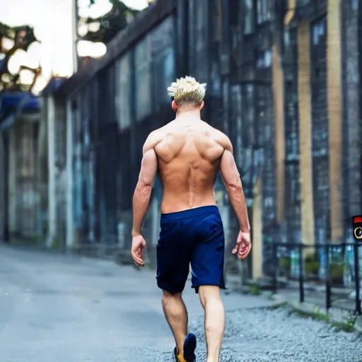 Prompt: blond dude with abs walking away from explosion