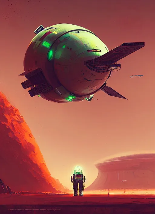 Image similar to cyberpunk cargo starship landing on the orange surface of mars, red and green hour, by ismail inceoglu