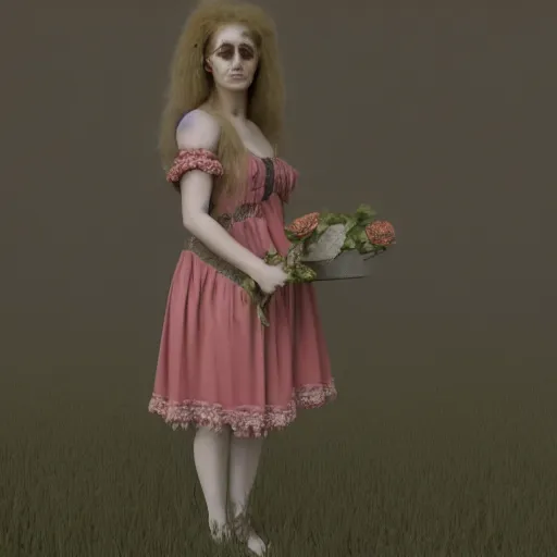 Image similar to 8 k, octane render, realism, tonalism, renaissance, rococo, baroque, cotton candy, portrait of a creepy young lady wearing long 1 9 7 0 s babydoll dress with flowers and skulls