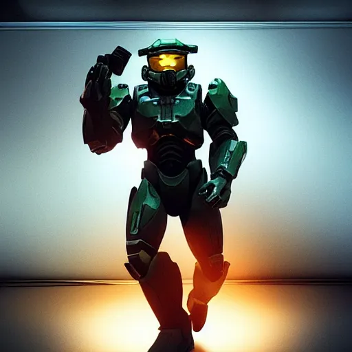 Image similar to master chief holding a can of beer, cinematic lighting, photorealistic, happy feeling,