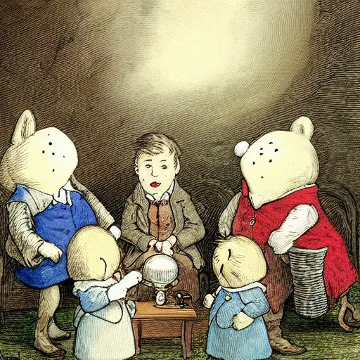 Image similar to candid portrait of white ball face speaking, surrounded by clouds, illustrated by peggy fortnum and beatrix potter and sir john tenniel