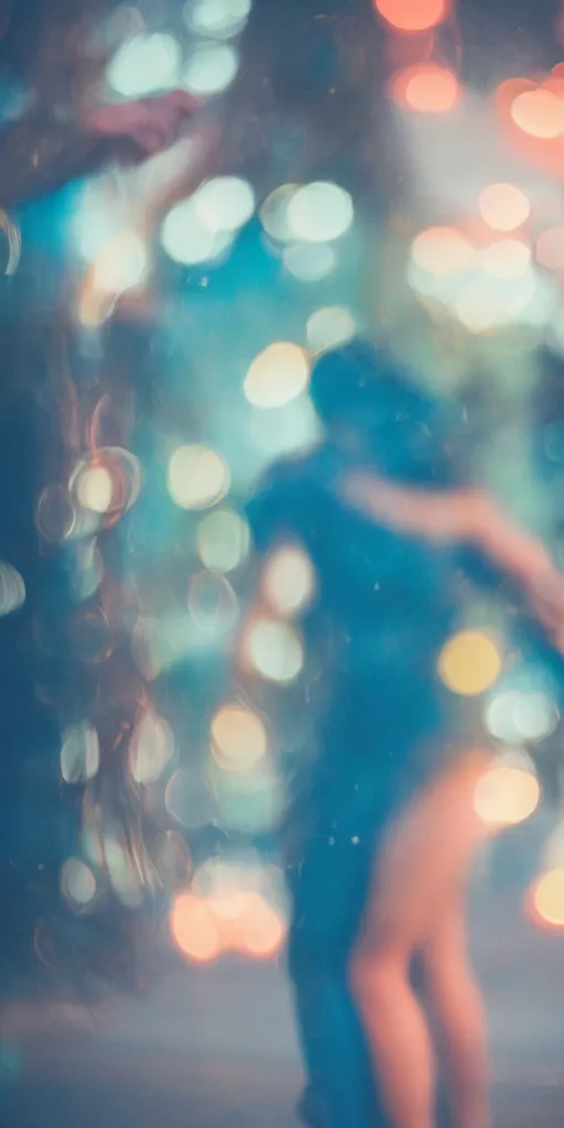 Image similar to a blurry picture of gorgeous human bodies intertwined, long exposure photograph, anamorphic bokeh, orange and cyan lighting, cinematic