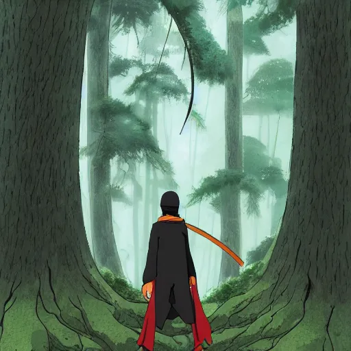 Image similar to a close shot of a ninja standing in a forest by studio ghibli, detailed, gloomy, digital art,