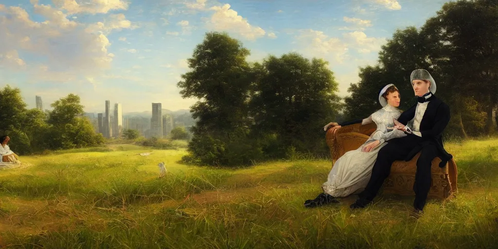 Prompt: a zoomed out view of a couple in victorian formal attire sitting in grass beneath huge futuristic buildings, painting in the style of hudson river school, 4 k