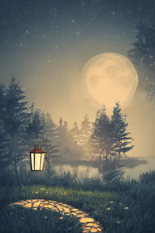 Prompt: a cute looks across at night, lantern light besides, photorealistic, dreamy moonlit nightscape by the garden, lake house, smooth, matte colors, trending on artstation, 4 k, 8 k