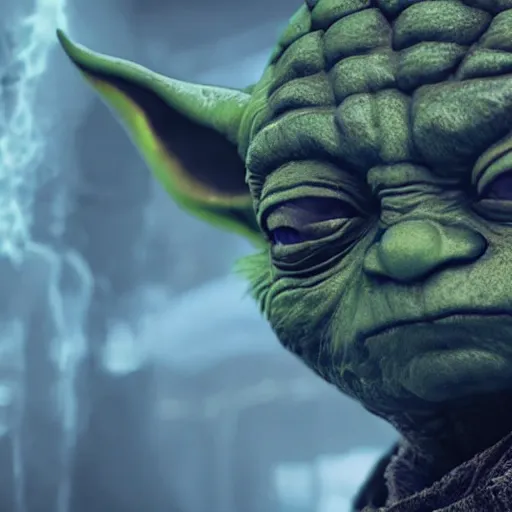 Image similar to Yoda in gears of war, splash art, movie still, detailed face, cinematic lighting, dramatic, octane render, long lens, shallow depth of field, bokeh, anamorphic lens flare, 8k, hyper detailed, 35mm film grain