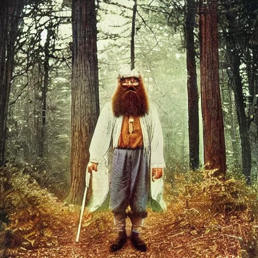 Prompt: magical wizard in forest, dusty colorized photo from the 70s