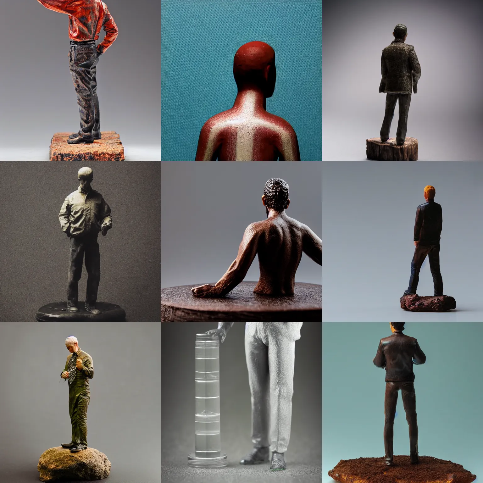 Prompt: Realistic painted resin figure of a man, standing on a tabletop, macro photography