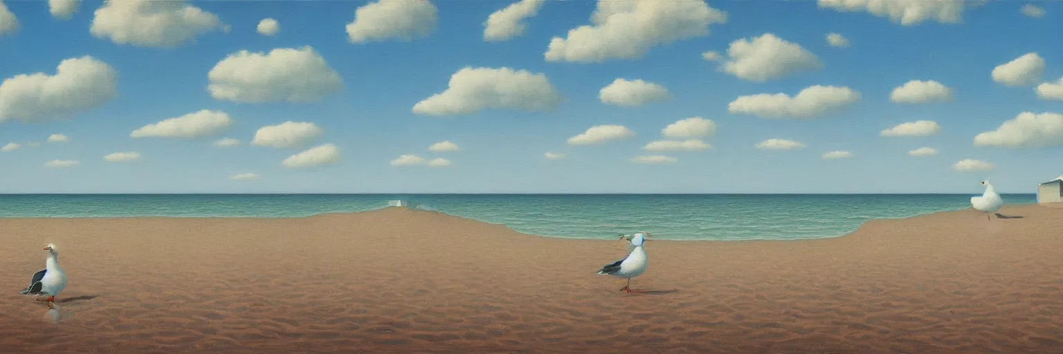 Prompt: beach front seagulls oil painting magritte