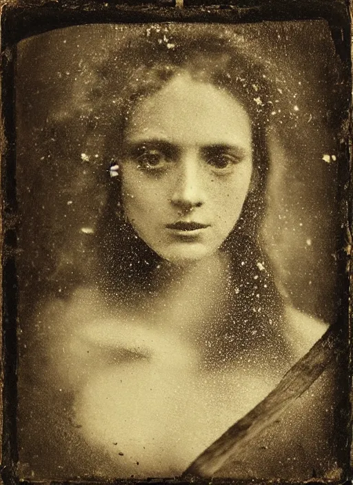 Prompt: old wetplate daguerreotype portrait of a lady with crackle skin, explosion of data fragments, fractal, intricate, elegant, highly detailed, parallax, leica, medium format, subsurface scattering, by jheronimus bosch and greg rutkowski and louis jacques mande daguerre