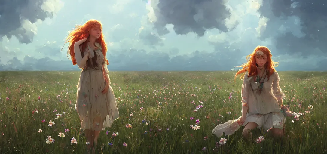 Image similar to a beautiful southern woman named Savannah, innocent, somber turquoise eyes, freckles, long ginger hair tied with white ribbon, relaxed in a field of flowers on a farm, gentle lighting, storm in the distance, western clothing, dress, digital art by Makoto Shinkai ilya kuvshinov and Wojtek Fus, digital art, concept art,