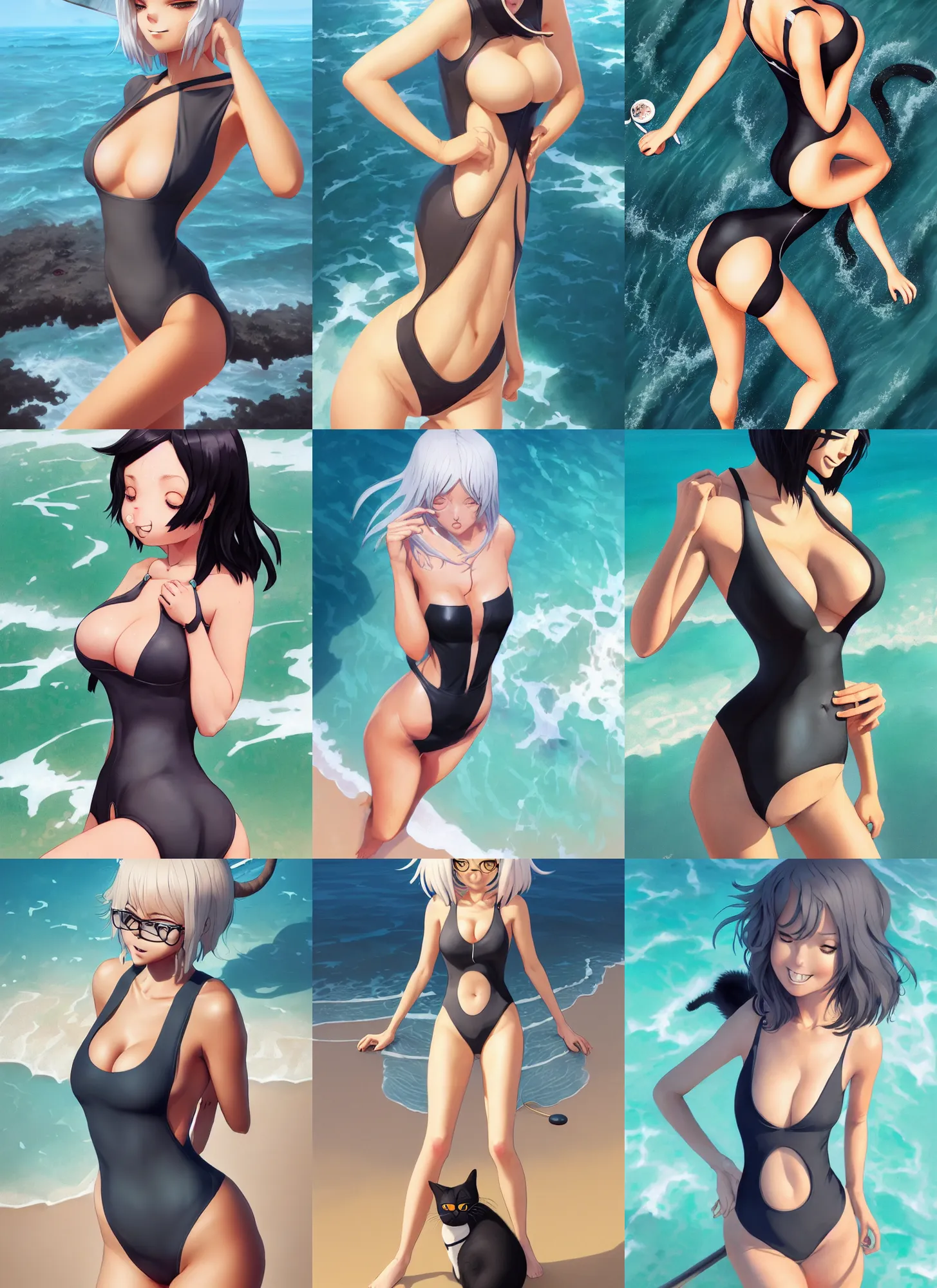 Prompt: attractive cat girl , closed one-piece swimsuit monokini, dark swimsuit , grey hair , hourglass slim figure , juicy , full body shot close up , view from above , short hair , seductive smile , details, sharp focus , illustration , beach , by Jordan Grimmer and Greg Rutkowski , Trending artstation , pixiv , digital Art