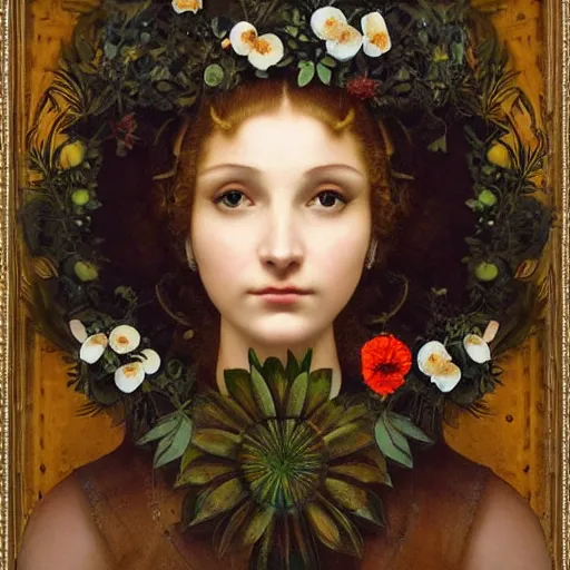 Image similar to portrait of a beautiful young cyborg woman with a big steampunk flower crown and part mechanical face , Metropolis, by Leonardo Da Vinci in the style of Bouguereau