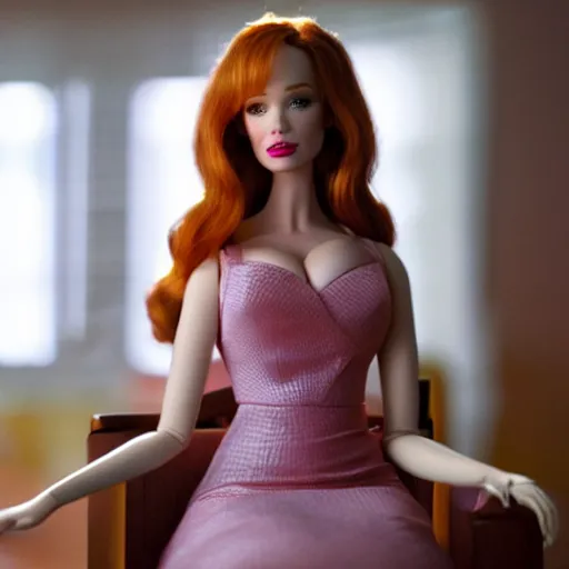 Image similar to amazing beautiful Christina Hendricks barbie doll in the living room, film still from the movie directed by Denis Villeneuve , wide lens