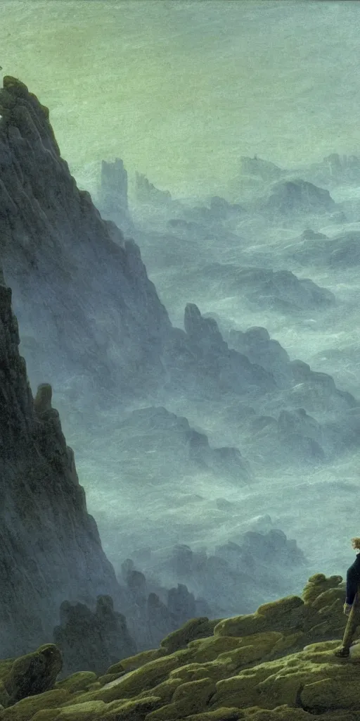 Image similar to small male figure in epic foggy mountainscape, expansive view, dozens of thin glowing straight lines extend from ground into the sky, by Caspar David friedrich