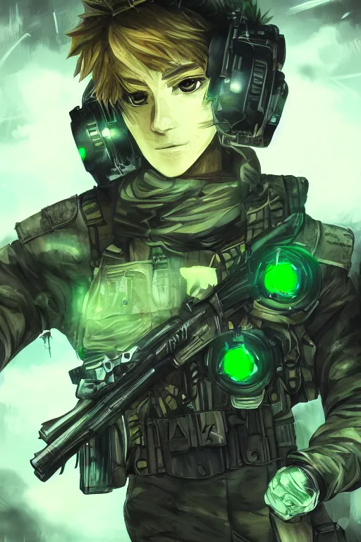 Image similar to a saboteur carrying multiple bombs and bullets in his body, green eyes, highly detailed, digital art, sharp focus, ambient glow, trending on art station, anime art style