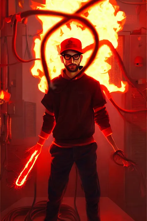 Prompt: character art by ruan jia, young ducktail bearded middle eastern american male wearing wayfarer glasses and red baseball hat, on fire, fire powers, room filled with wiring and electronics