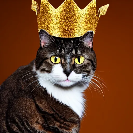 Prompt: a cat wearing a king's crown,studio photograph,professional photography,professional lighting,3 point lighting,detailed face,hyperdetailed,photorealistic,4k