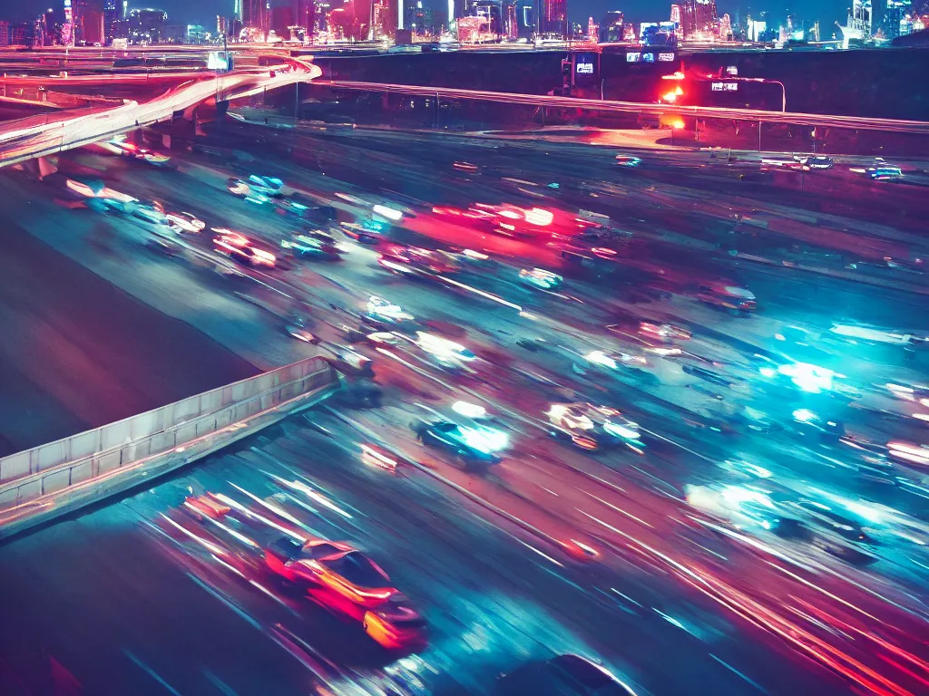 Image similar to 8 0 s neon movie still, high speed car chase on the highway with city in background, medium format color photography, 8 k resolution, movie directed by kar wai wong, hyperrealistic, photorealistic, high definition, highly detailed, tehnicolor, anamorphic lens, award - winning photography, masterpiece