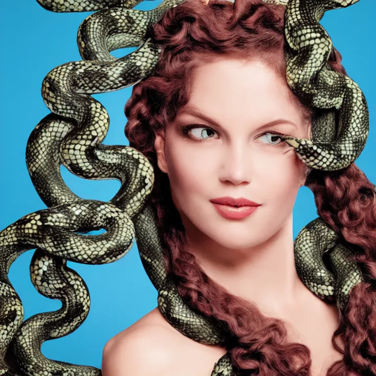 Prompt: Glamour Shots portrait photo of Medusa with snakes for hair in real life