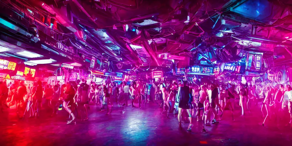 Prompt: a high quality wide angle photo inside the rave dance club of a futuristic cyberpunk city, dark, crowded, drinks, dancing, neon lights, realism, 8k