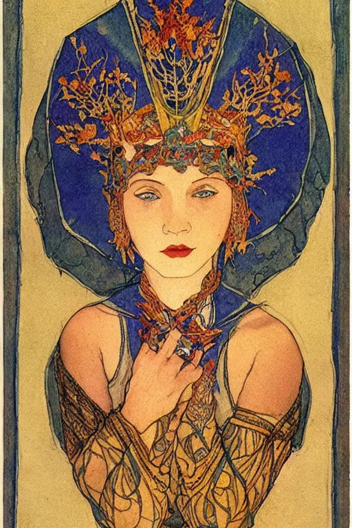 Image similar to the lantern crown, by Annie Swynnerton and Nicholas Roerich and Edmund Dulac, embroidered brocade, tattoos, elaborate costume, geometric ornament, symbolist, rich colors, dramatic lighting, smooth, sharp focus, extremely detailed