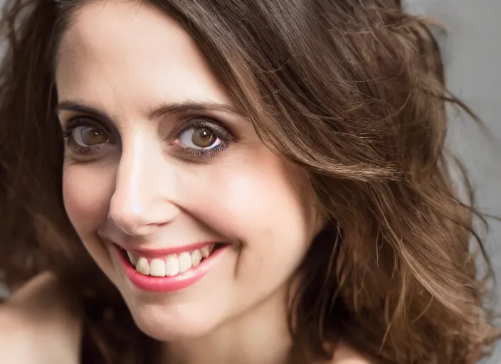 Image similar to a closeup, 4 5 mm, detailed photograph of a woman looking at camera with a seductive smile, alison brie, beautiful low light, 4 5 mm, by franz lanting