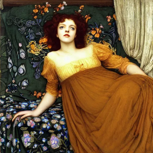 Image similar to preraphaelite photography reclining on bed, a hybrid of judy garland and a hybrid of sappho and eleanor of aquitaine, aged 2 5, big brown fringe, yellow ochre ornate medieval dress, john william waterhouse, kilian eng, rosetti, john everett millais, william holman hunt, william morris, 4 k