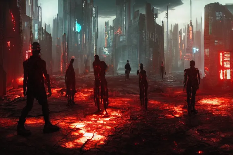 Image similar to cyberpunk landscape of hell with people suffering and ghost, futuristic look, highly detailed body, very powerful, photorealistic camera shot, bright studio setting, studio lighting, crisp quality and light reflections, unreal engine 5 quality render