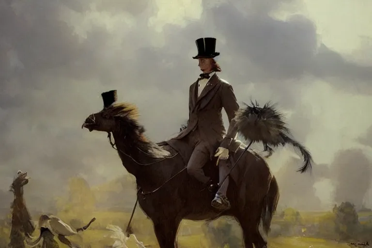 Image similar to portrait of a respectable dignified royal business elite politician wearing a top hat and coat tails riding on an emu, art by anders zorn, wonderful masterpiece by greg rutkowski, beautiful cinematic light, american romanticism by greg manchess, jessica rossier