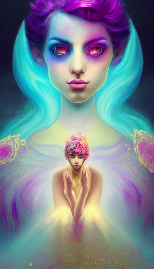 Image similar to portrait of magical daemon, dark fantasy, gradient magenta cyan, dreamy and ethereal, (colour) eyes, one head, golden ratio, peaceful expression, ornate frilly dress, fantasy, intricate, elegant, rainbow bubbles, highly detailed, digital painting, artstation, concept art, smooth,b sharp focus, illustration, art by artgerm and greg rutkowski and alphonse mucha