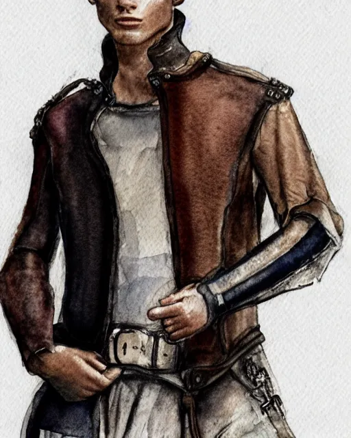 Prompt: rough watercolor sketch of a male model wearing a baggy medieval menswear leather jacket by alexander mcqueen, 4 k, astonishing detail, studio lighting, wide angle lens