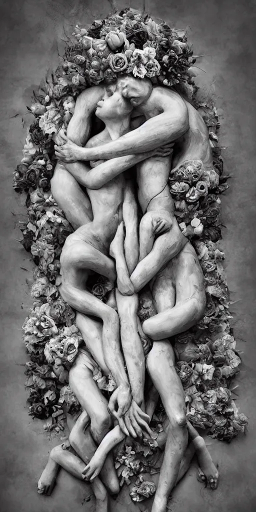Prompt: a surrealist sculpture human bodies intertwined, a lovely cornucopia of flowers and human body parts, body parts, paint pour, swirling paint colors, black and white photography, desaturated, highly detailed, octane render, cinematic
