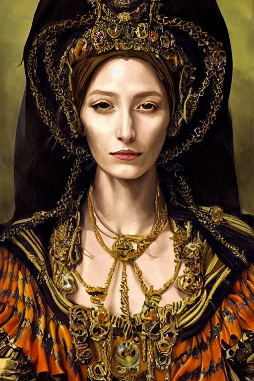 Image similar to portrait, headshot, digital painting, of Mother Ayahuascaa as a 17th century, beautiful female Royal, dark hair, amber jewels, baroque, ornate clothing, scifi, futuristic, realistic, hyperdetailed, chiaroscuro, concept art, art by caravaggio