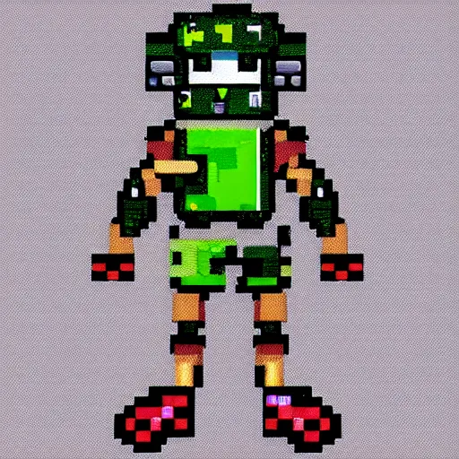 Prompt: concept art for a gameboy kid character, with a pixel face, buttons, joysticks, arms and legs. trending on artstation, highly detailed digital art