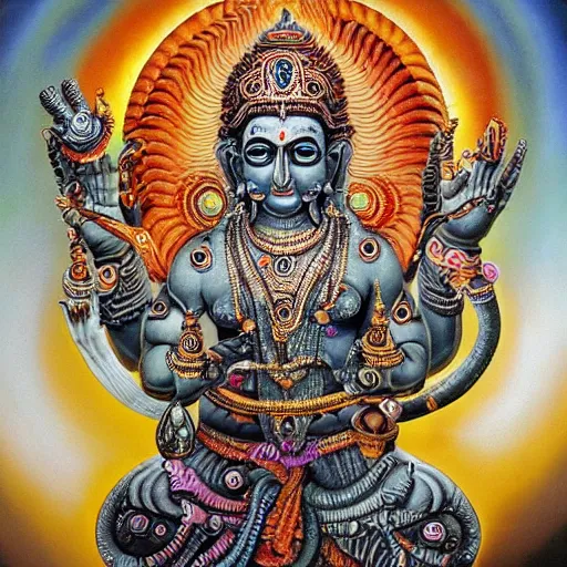 Prompt: hindu gods, airbrush painting by hr giger, intricate detail, exquisite craftsmanship, colorful lighting,