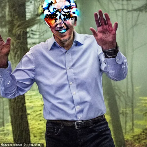 Image similar to joe biden with 4 arms standing ominously far in the foggy woods with a demonic wide smile in his face in the new horror movie, creepy